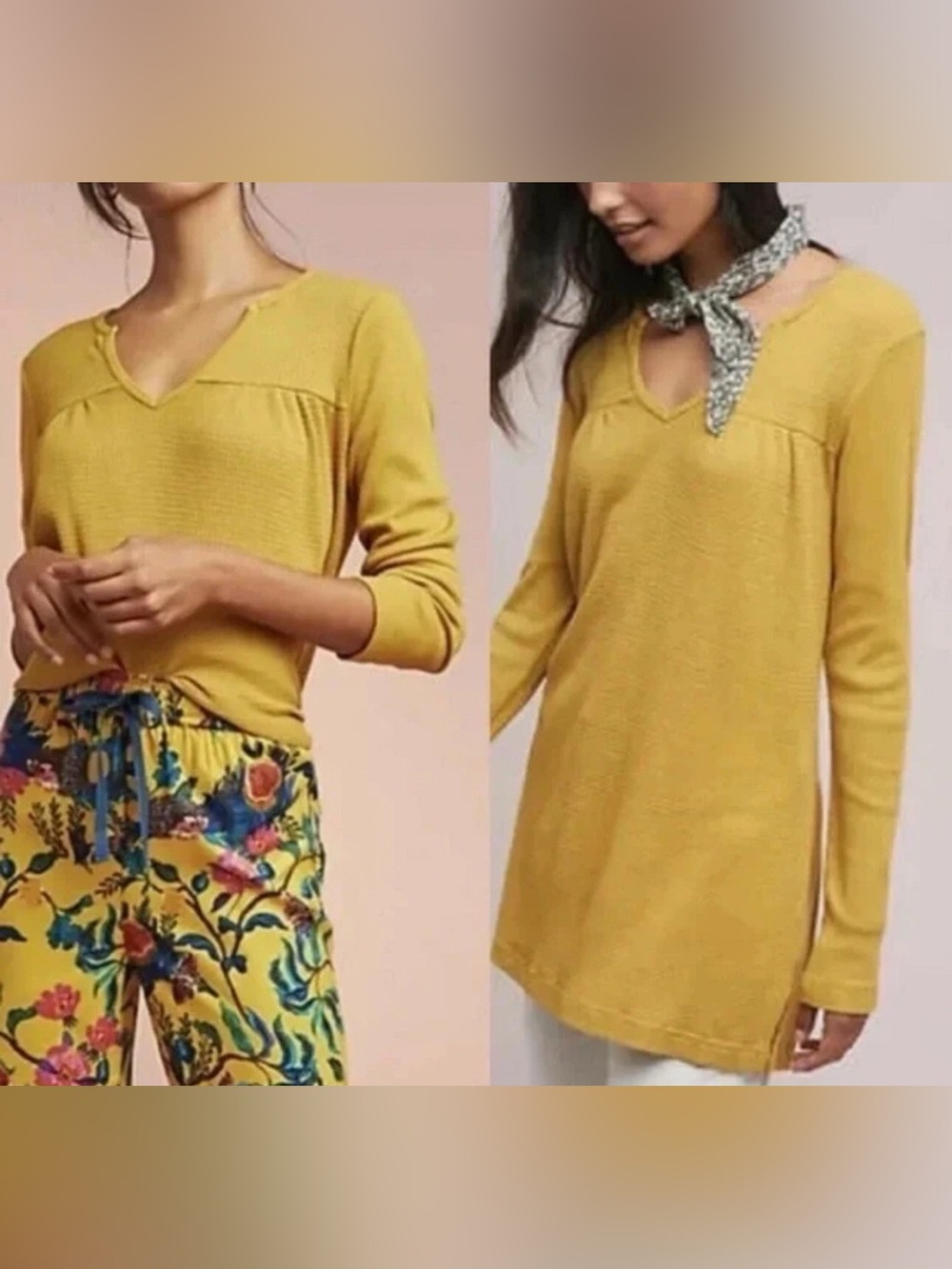 Anthropologie T.La Women's Mustard Waffle Knit V-Neck Long Sleeve Top -Medium
